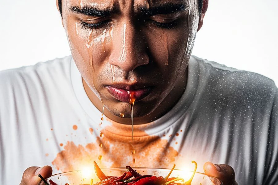 Makanan pedas boleh menyebabkan berpeluh berlebihan dan berpotensi menyumbang kepada dehidrasi jika tidak minum air yang cukup.