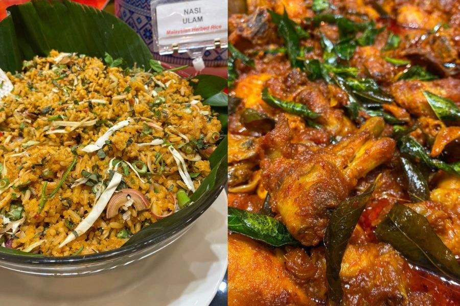 Nasi ulam dan ayam masak sambal antara padanan hidangan sesuai untuk makan tengah hari.