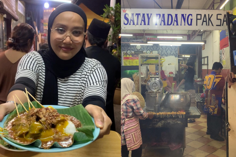 Saiz hidangan lengkap dengan lima cucuk sate dan beberapa keping nasi impit.