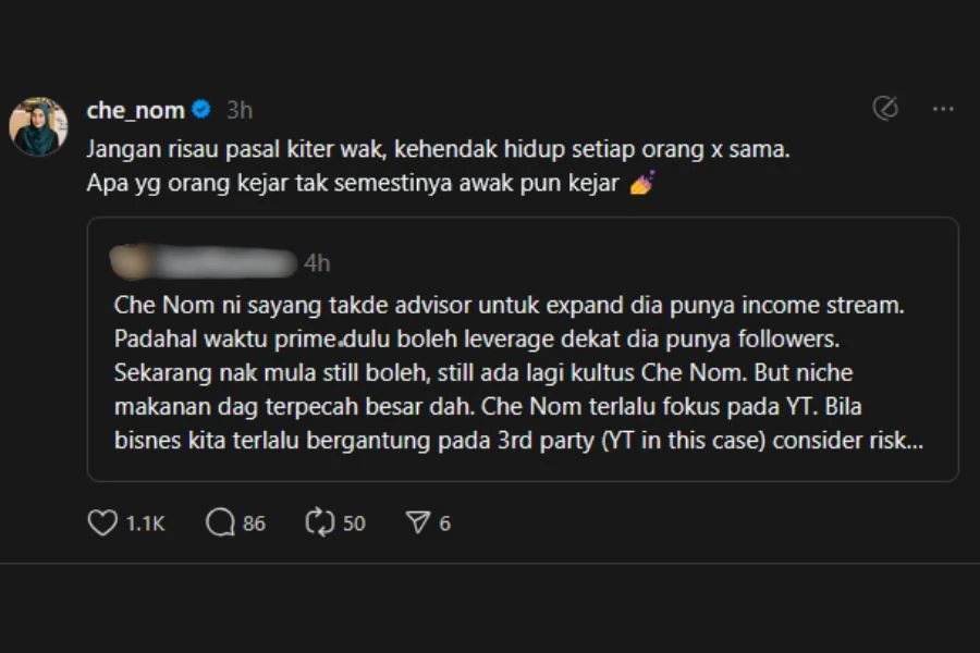 Tangkap layar balasan komen Che Nom di Threads.