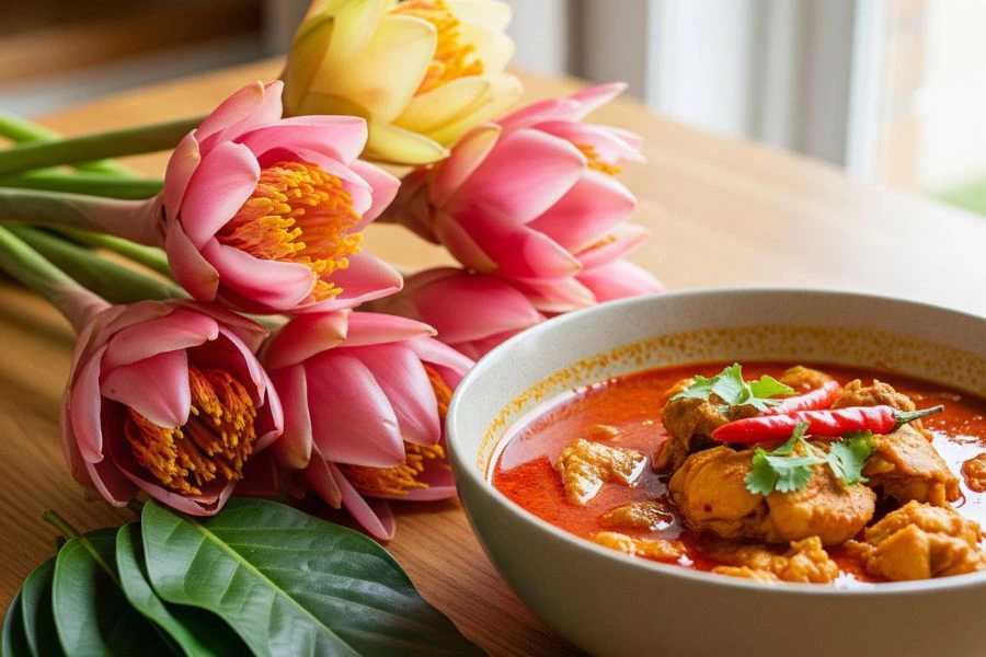 Biasanya masakan asam pedas menggunakan bunga kantan untuk menaikkan rasa.