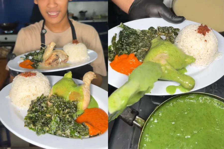 Sos hijau itu sebenarnya bukan matcha tetapi menggunakan bayam yang dikisar halus.