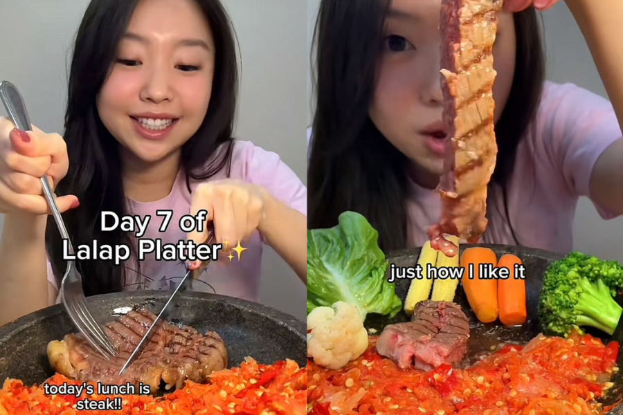 Marina menikmati lalapan platter dengan pilihan protein kesukaannya.