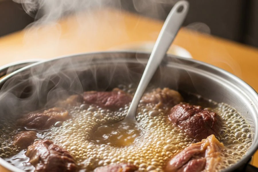 Rebus daging menggunakan api kecil dan letak sudu selama 1-2 jam.