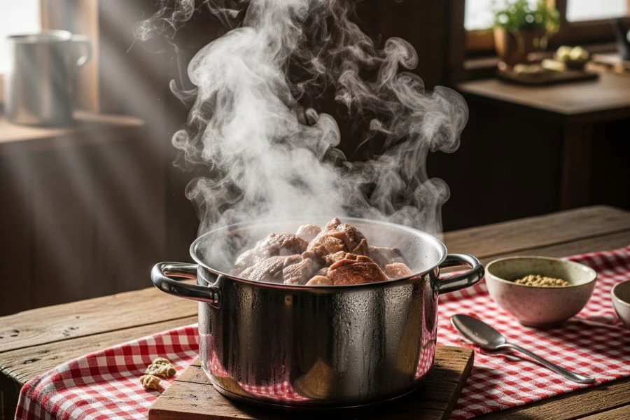 Masukkan daging terus ke dalam air mendidih supaya proses pelembutan lebih cepat.