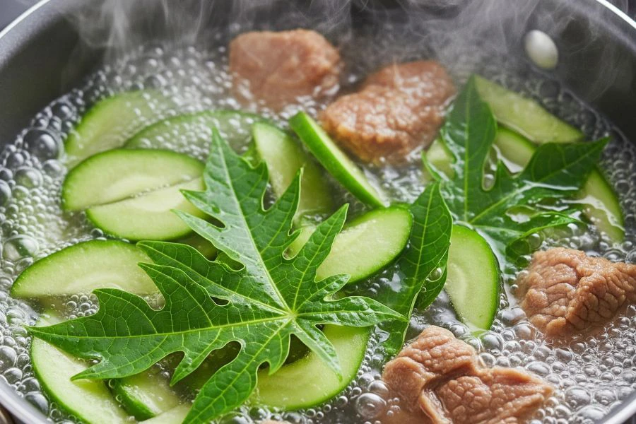 Letak daun betik semasa rebus atau semasa perap daging.