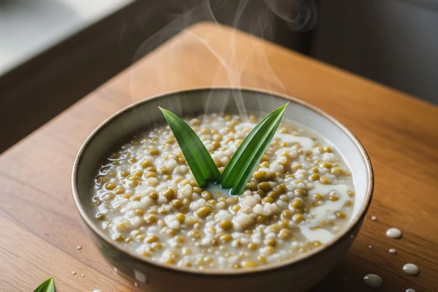 Daun pandan juga membantu melembutkan kacang hijau menjadikan bubur lebih sedap dan berlemak.