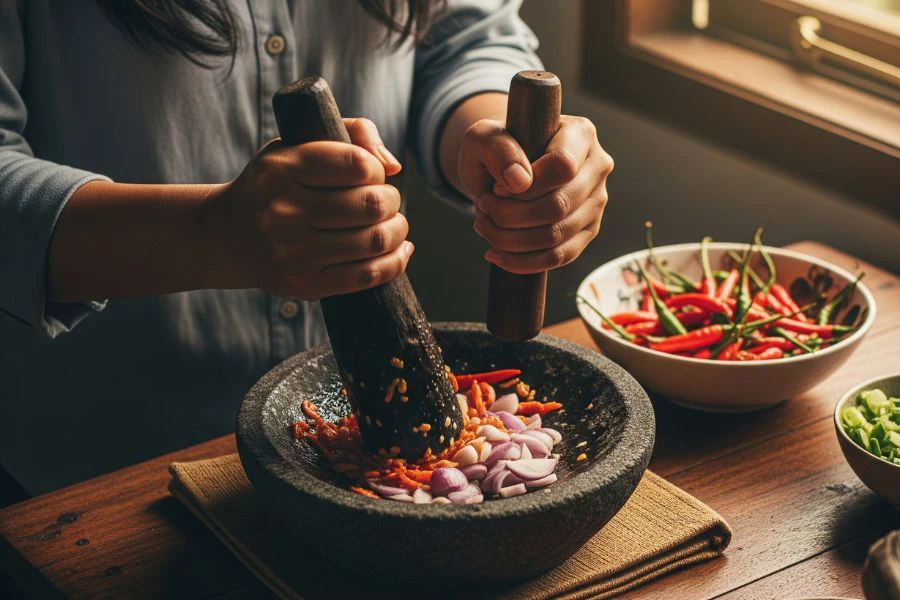 Setiap rempah ditumbuk segar bagi memastikan keenakannya meresap ke dalam setiap butir nasi memberikan rasa asli yang enak.