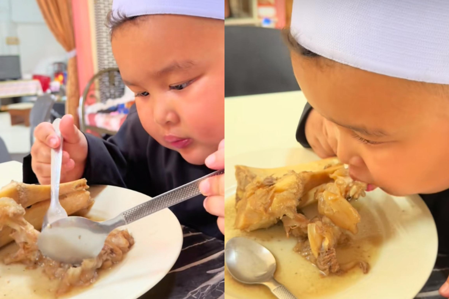 Aksi Abang Aji menyantap makanan mecuri perhatian ramai.
