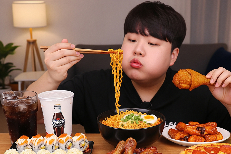 Mukbang merupakan gabungan daripada dua perkataan bahasa Korea iaitu 'meongneun' yang bermaksud makan dan 'bangsong' iaitu penyiaran.