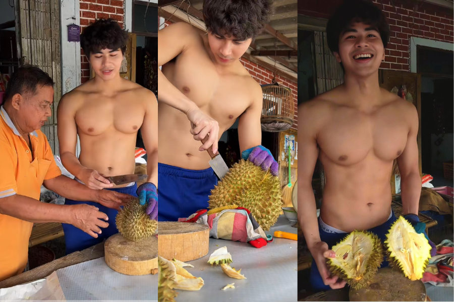 Gaya dan hasil seorang pemuda mengupas durian tarik perhatian ramai.