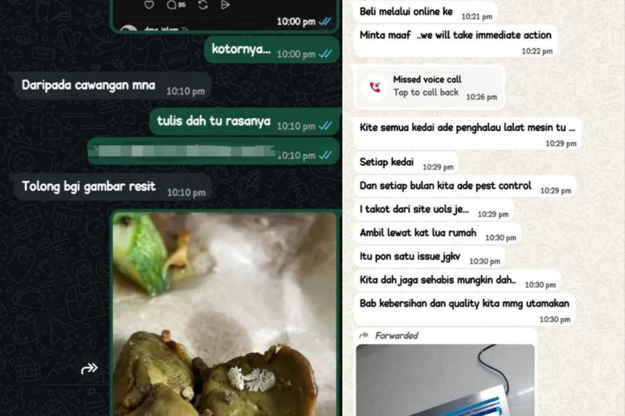 Tangkap layar aduan antara pengguna dengan pihak kedai makan atas kejadian makanan yang dicemari telur lalat.