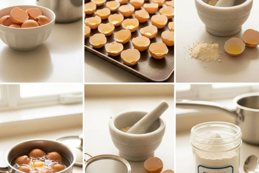 Langkah penyediaan serbuk kulit telur mudah.