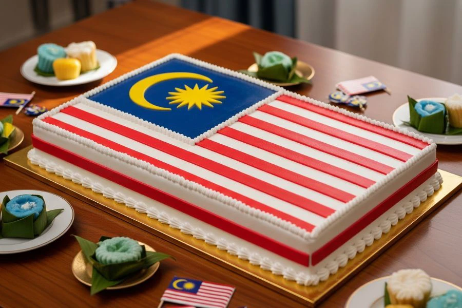 Kek Merdeka biasanya dihias dengan tema Jalur Gemilang bagi menarik minat mereka menyertai sambutan Hari Kebangsaan.