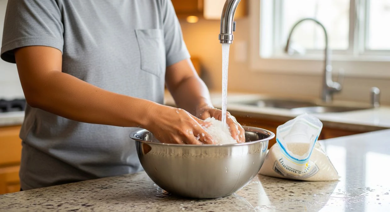 Basuh beras dengan bersih sebelum dimasak.