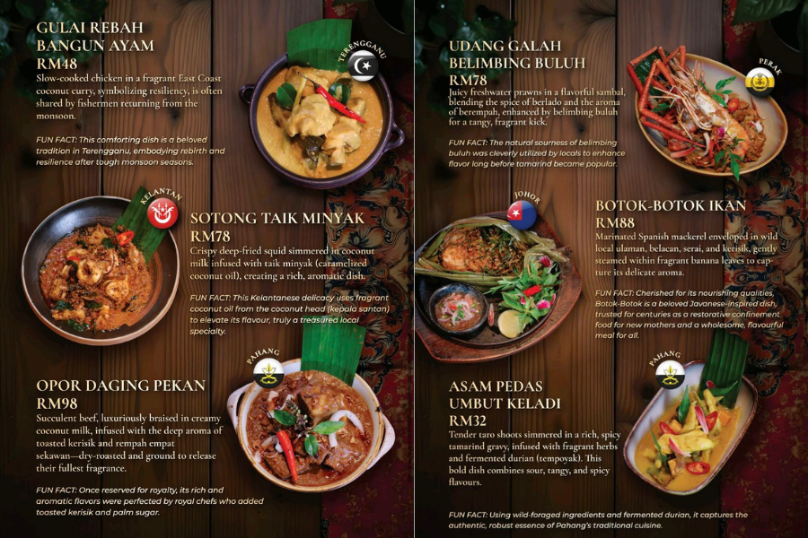 Terdapat enam menu tradisi istimewa dari enam negeri dipilih untuk memenuhi selera pelanggan bersempena promosi Soul of Malaysia, The Forgotten Recipe Book oleh De.Wan 1958 by Chef Wan.