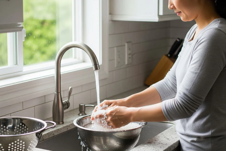 Bilas beras pulut sehingga air basuh menjadi benar-benar jernih.