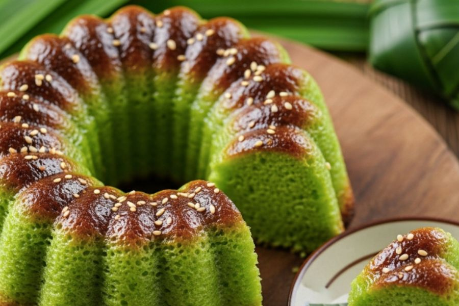 Kuih bakar memberi aroma harum daun pandan dan dibakar dalam acuan khas berbentuk bunga.