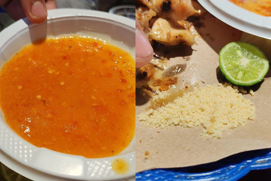 Sate taichan di Indonesia dihidangkan bersama kuah sambal pedas, limau nipis dan serbuk perasa.