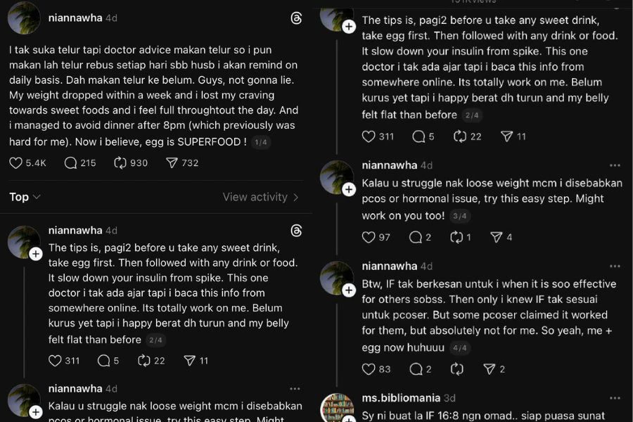 Menurut wanita itu, dia mengambil telur rebus secara konsisten dan tampak perubahan selepas seminggu.