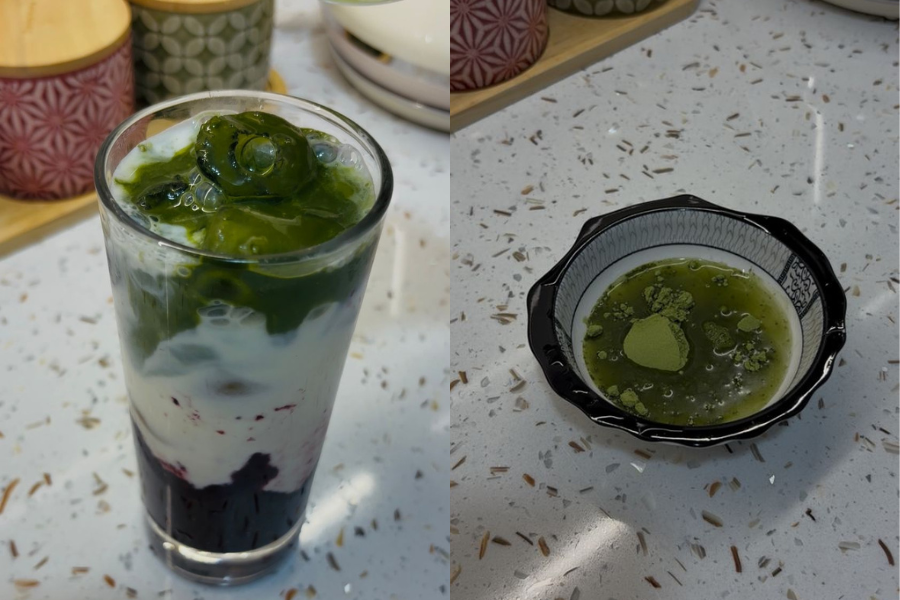 Kombinasi matcha dan blueberry memberi warna yang cantik.