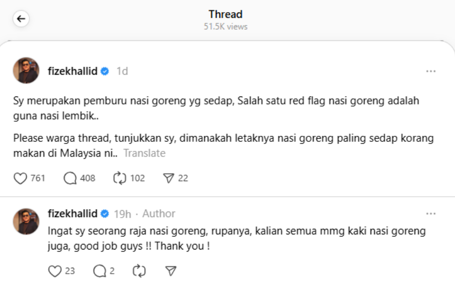 Perkongsian @fizekhalid di laman Thread mencuri perhatian ramai.