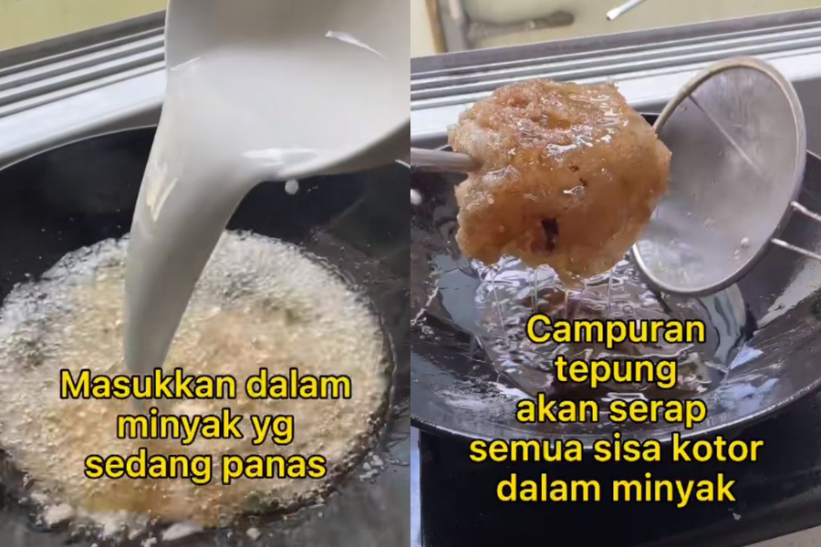 Tepung jagung menyerap segala kotoran pada minyak.