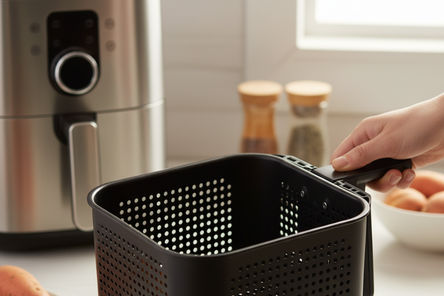 Bakul air fryer penuh menyebabkan kentang goreng sukar dimasak.