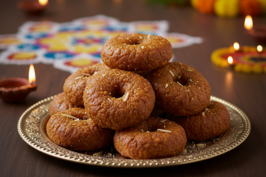 Adhirasam memiliki bentuk seakan kuih peneram namun rasanya manis dan rempah kerana menggunakan serbuk pelaga.