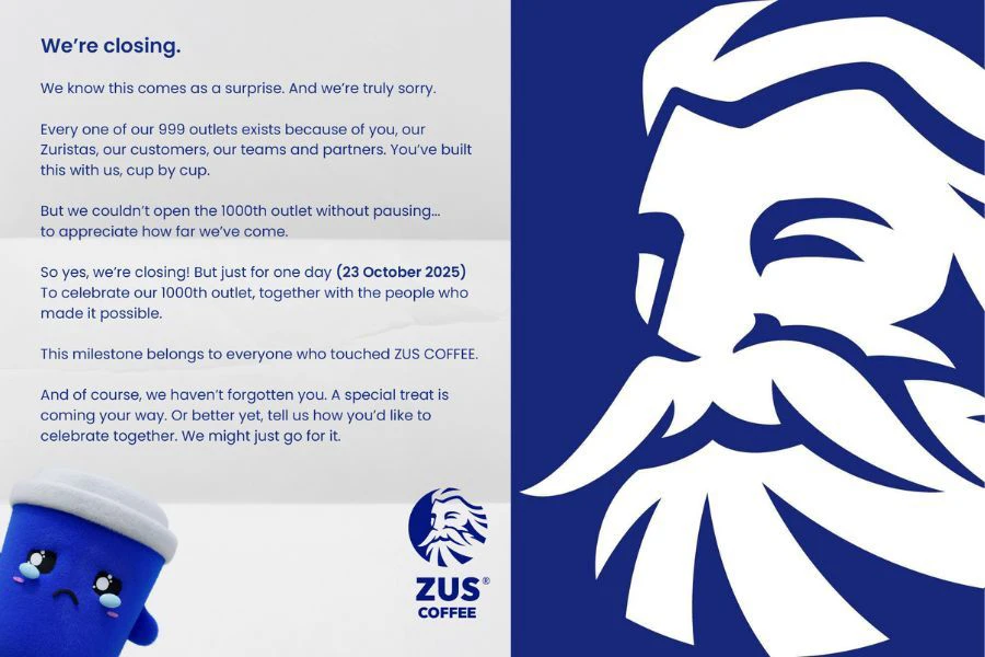 ZUS Coffee menerusi hantaran kenyataan di Facebook mengumunkan penutupan satu hari bagi menghargai pekerja semperna pembukaa cawangan ke-1,000.