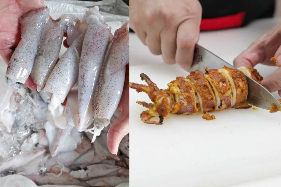 Basuh dan potong sotong untuk mengekalkan kelembutan isi.