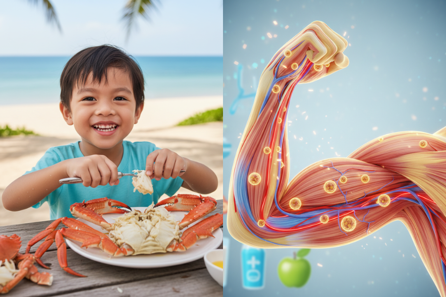 Ketam membantu membina dan memulihkan otot terutama untuk kanak-kanak.