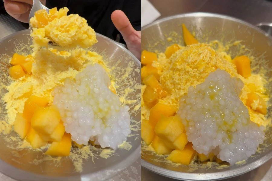 Pilihan bingsu mango memang benar-benar menggoda selera akan kesedapan potongan mangga, susu manis yang dikisar halus.