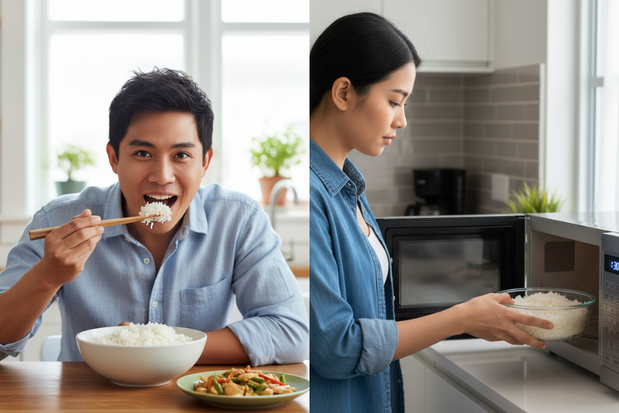 Nasi yang disimpan dalam peti sejuk akan dipanaskan semula sebelum dimakan.