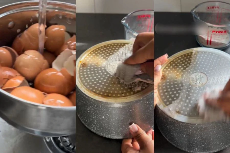 Kulit telur boleh dihancurkan untuk disental bagi membersihkan periuk kuali.