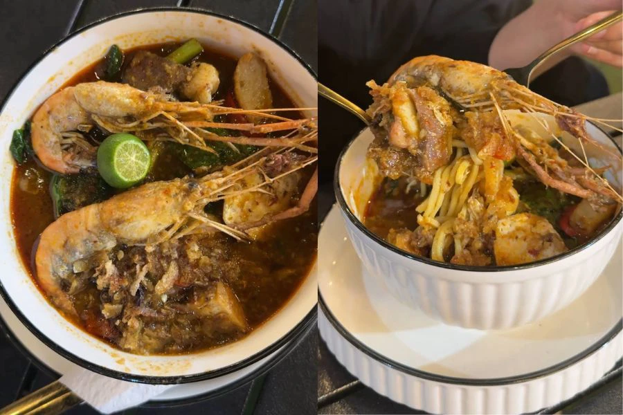 Semangkuk Mee Bandung Muar penuh dengan bahan-bahan segar yang dimasak sempurna.