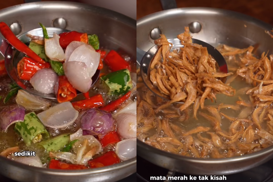 Ikan bilis dan cili digoreng garing untuk tambahkan kesedapan.