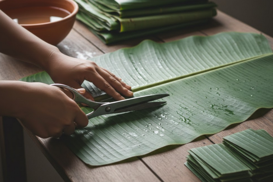 Gunting memudahkan proses penyimpanan daun pisang.