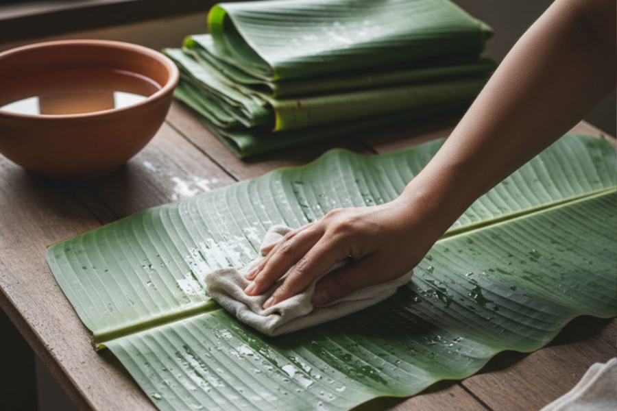 Cuba rendam daun pisang dalam air selama 30 minit untuk kekalkan kelembapan.