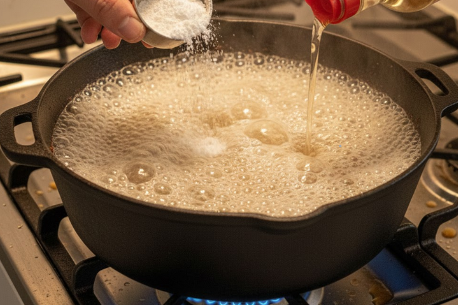 Tuang soda bikarbonat dan cuka dalam air mendidih.