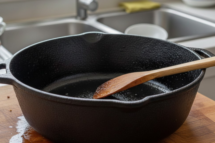 Rehatkan periuk seketika sebelum dibilas bersih dengan air paip.