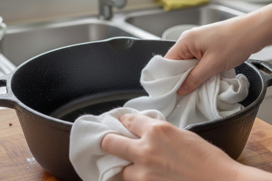 Keringkan permukaan periuk menggunakan kain bersih.