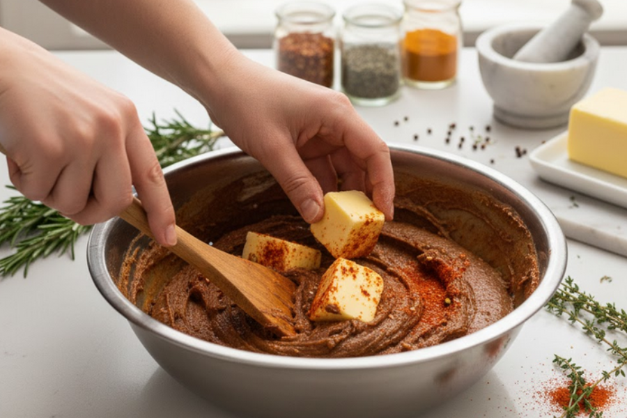 Campur mentega dalam bahan perapan ayam.