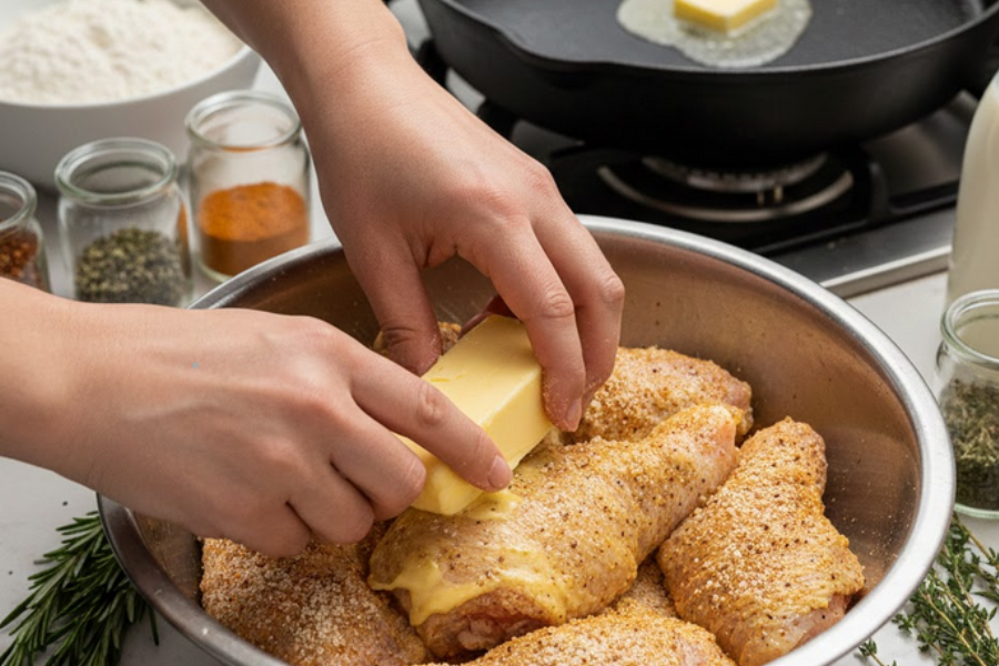 Resipi ayam goreng bertambah enak dengan campuran mentega.