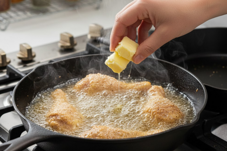 Tambah mentega dalam minyak gorengan panas untuk lembutkan isi ayam goreng.