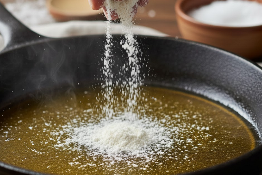 Tepung juga membantu menstabilkan minyak semasa menggoreng.