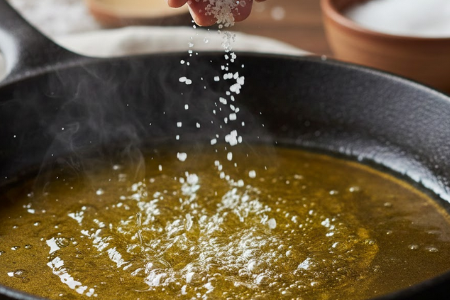 Tabur sedikit garam ke dalam minyak sebelum mula menggoreng.