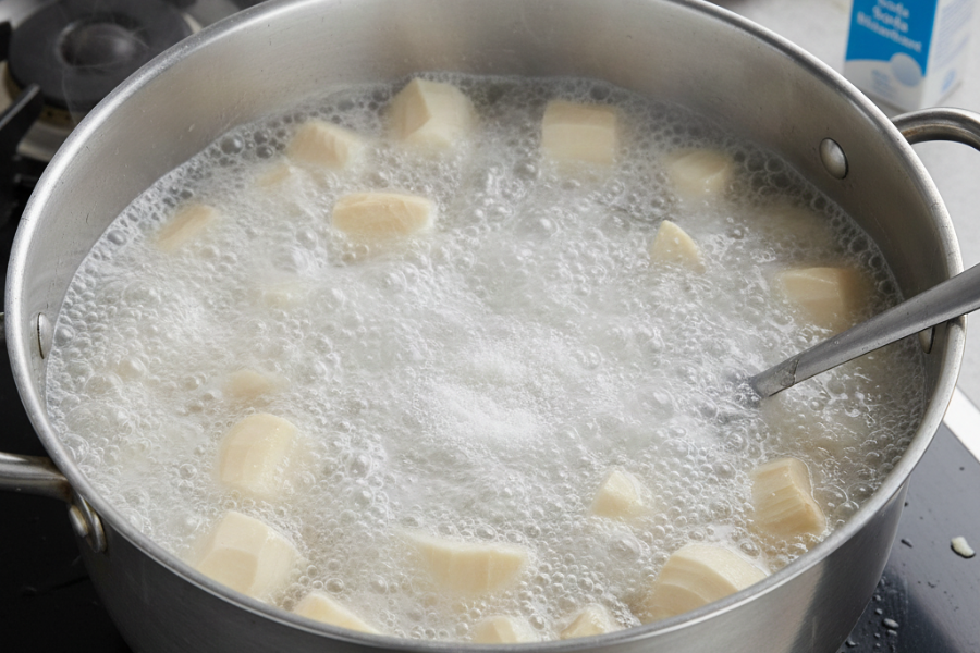 Rahsia memastikan ibu kayu empuk dengan merebus bersama soda bikarbonat.