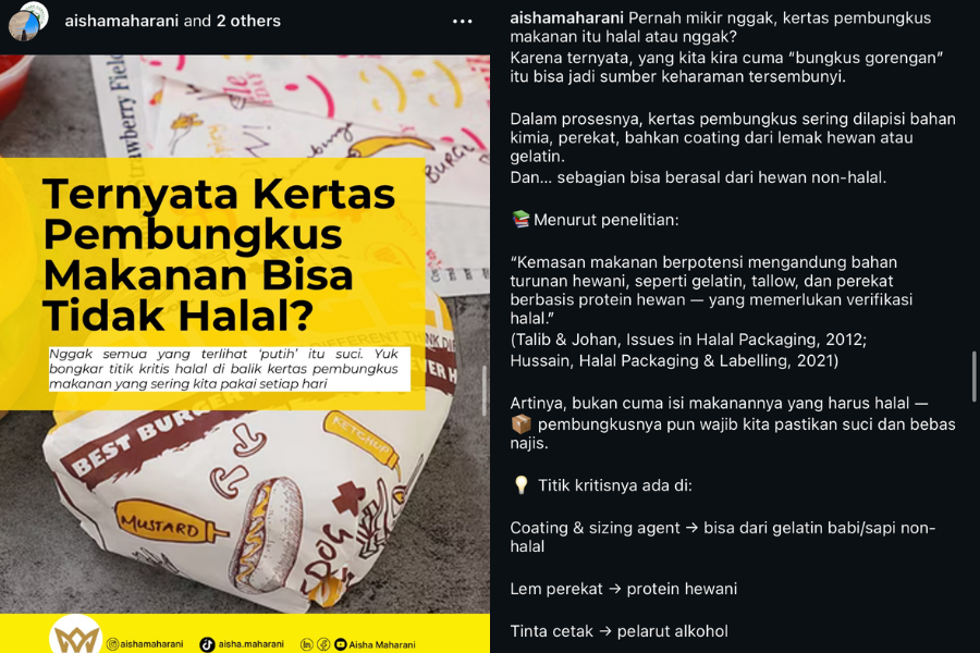 Perkongsian @aishamaharani berkaitan halal menerusi Instagram.