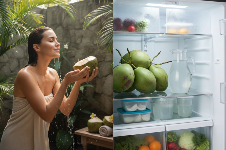 Simpan air kelapa di dalam peti sejuk dan sapukan pada wajah apabila anda terasa letih untuk kulit berseri.
